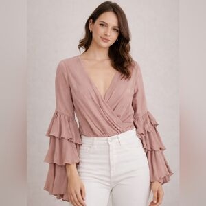 Peach Love California Mauve Ruffle Sleeve Wrap Top